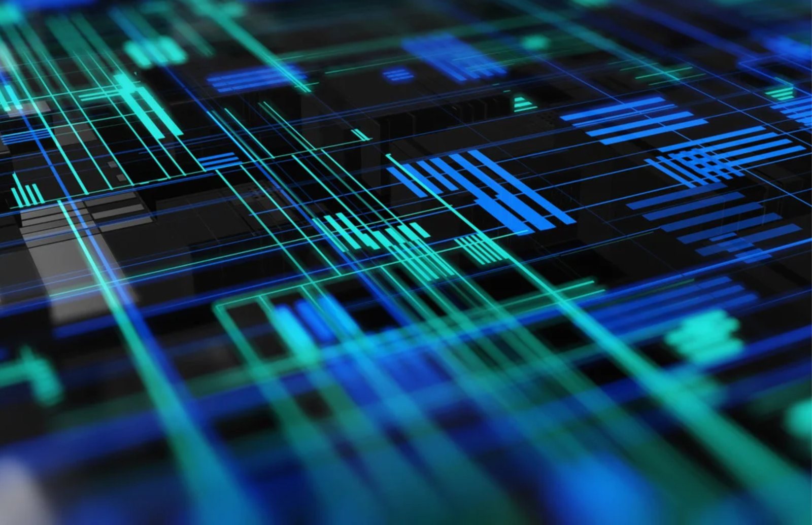 Abstract blue and teal circuit lines representing connected data